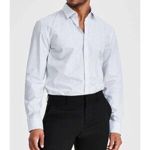 Hugo Boss Men's White/Navy Kenno Slim-Fit Vertical Blue Stripe Dress Shirt 15.5